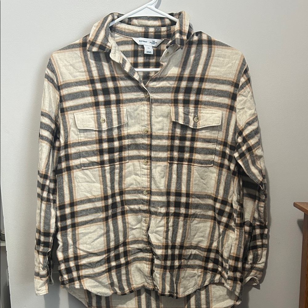 Old Navy Tan and Black Plaid Shirt